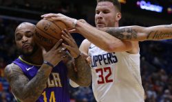 NEW ORLEANS, LA - JANUARY 28: Jameer Nelson #14 of the New Orleans Pelicans and Blake Griffin #32 of the LA Clippers go for a rebound during the second half at the Smoothie King Center on January 28, 2018 in New Orleans, Louisiana. NOTE TO USER: User expressly acknowledges and agrees that, by downloading and or using this photograph, User is consenting to the terms and conditions of the Getty Images License Agreement.