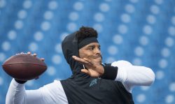 ORCHARD PARK, NY - AUGUST 09: Cam Newton #1 of the Carolina Panthers warms up before the preseason game against the Buffalo Bills at New Era Field on August 9, 2018 in Orchard Park, New York.