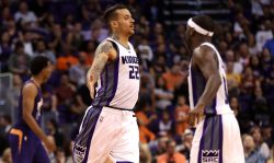 PHOENIX, AZ - OCTOBER 26: Matt Barnes #22 of the Sacramento Kings high fives Ty Lawson #10 after scoring against the Phoenix Suns during the second half of the NBA game at Talking Stick Resort Arena on October 26, 2016 in Phoenix, Arizona. The Kings defeated the Suns 113-94. NOTE TO USER: User expressly acknowledges and agrees that, by downloading and or using this photograph, User is consenting to the terms and conditions of the Getty Images License Agreement.
