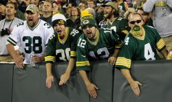 GREEN BAY, WI - NOVEMBER 06: Green Bay Packers fans cheer during the game against the Indianapolis Colts at Lambeau Field on November 6, 2016 in Green Bay, Wisconsin.