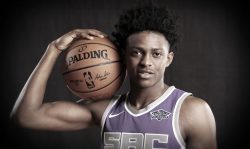 GREENBURGH, NY - AUGUST 11: (EDITORS NOTE: Image has been digitally altered) De'Aaron Fox of the Sacramento Kings poses for a portrait during the 2017 NBA Rookie Photo Shoot at MSG Training Center on August 11, 2017 in Greenburgh, New York. NOTE TO USER: User expressly acknowledges and agrees that, by downloading and or using this photograph, User is consenting to the terms and conditions of the Getty Images License Agreement. (Photo by Elsa/Getty Images)