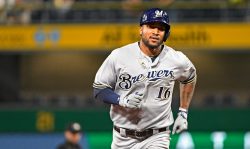 PITTSBURGH, PA - SEPTEMBER 20: Domingo Santana #16 of the Milwaukee Brewers rounds the bases after hitting a solo home run in the third inning during the game against the Pittsburgh Pirates at PNC Park on September 20, 2017 in Pittsburgh, Pennsylvania.