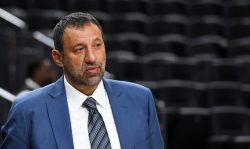 LAS VEGAS, NV - OCTOBER 08: Vice president of basketball operations and general manager of the Sacramento Kings Vlade Divac watches warmups before the team's preseason game against the Los Angeles Lakers at T-Mobile Arena on October 8, 2017 in Las Vegas, Nevada. Los Angeles won 75-69. NOTE TO USER: User expressly acknowledges and agrees that, by downloading and or using this photograph, User is consenting to the terms and conditions of the Getty Images License Agreement.