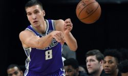 LAS VEGAS, NV - OCTOBER 08: Bogdan Bogdanovic #8 of the Sacramento Kings passes against the Los Angeles Lakers during their preseason game at T-Mobile Arena on October 8, 2017 in Las Vegas, Nevada. Los Angeles won 75-69. NOTE TO USER: User expressly acknowledges and agrees that, by downloading and or using this photograph, User is consenting to the terms and conditions of the Getty Images License Agreement. (Photo by Ethan Miller/Getty Images)
