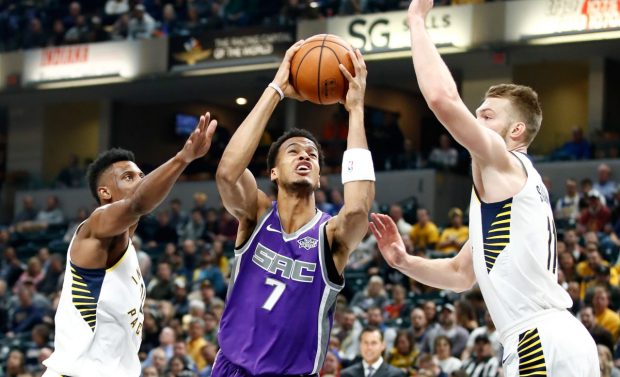 INDIANAPOLIS, IN - OCTOBER 31: Skal Labissiere #7 of the Sacramento Kings shoots the ball against the Indiana Pacers at Bankers Life Fieldhouse on October 31, 2017 in Indianapolis, Indiana. NOTE TO USER: User expressly acknowledges and agrees that, by downloading and or using this photograph, User is consenting to the terms and conditions of the Getty Images License Agreement. (Photo by Andy Lyons/Getty Images)
