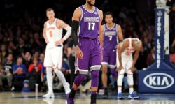 NEW YORK, NY - NOVEMBER 11: Garrett Temple #17 of the Sacramento Kings reacts in the second half against the New York Knicks during their game at Madison Square Garden on November 11, 2017 in New York City. NOTE TO USER: User expressly acknowledges and agrees that, by downloading and or using this photograph, User is consenting to the terms and conditions of the Getty Images License Agreement. (Photo by Abbie Parr/Getty Images)