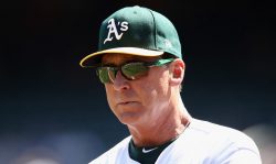 OAKLAND, CA - MARCH 29: Manager Bob Melvin #6 of the Oakland Athletics stands on the field during player introductions before their game against the Los Angeles Angels at Oakland Alameda Coliseum on March 29, 2018 in Oakland, California.
