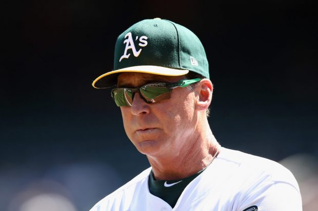 OAKLAND, CA - MARCH 29: Manager Bob Melvin #6 of the Oakland Athletics stands on the field during player introductions before their game against the Los Angeles Angels at Oakland Alameda Coliseum on March 29, 2018 in Oakland, California.