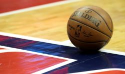 WASHINGTON, DC - APRIL 10: A basketball sits on the court during a timeout in the Washington Wizards and Boston Celtics game at Capital One Arena on April 10, 2018 in Washington, DC. NOTE TO USER: User expressly acknowledges and agrees that, by downloading and or using this photograph, User is consenting to the terms and conditions of the Getty Images License Agreement.