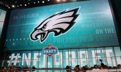 ARLINGTON, TX - APRIL 26: The Philadelphia Eagles logo is seen on a video board during the first round of the 2018 NFL Draft at AT&T Stadium on April 26, 2018 in Arlington, Texas.