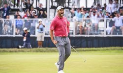 SAN DIEGO, CA - JUNE 20: Jon Rahm of Spain celebrates with a fist pump after making a birdie putt on the 18th hole green during the final round of the 121st U.S. Open on the South Course at Torrey Pines Golf Course on June 20, 2021 in La Jolla, San Diego, California. (Photo by Keyur Khamar/PGA TOUR via Getty Images)
