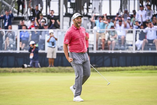 SAN DIEGO, CA - JUNE 20: Jon Rahm of Spain celebrates with a fist pump after making a birdie putt on the 18th hole green during the final round of the 121st U.S. Open on the South Course at Torrey Pines Golf Course on June 20, 2021 in La Jolla, San Diego, California. (Photo by Keyur Khamar/PGA TOUR via Getty Images)