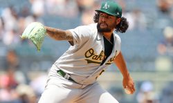 NEW YORK, NEW YORK - JUNE 20: Sean Manaea #55 of the Oakland Athletics in action against the New York Yankees at Yankee Stadium on June 20, 2021 in New York City. New York Yankees defeated the Oakland Athletics 2-1 (Photo by Mike Stobe/Getty Images)
