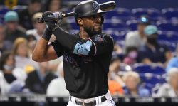 MIAMI, FLORIDA - JULY 23: Starling Marte #6 of the Miami Marlins bats against the San Diego Padres at loanDepot park on July 23, 2021 in Miami, Florida. (Photo by Mark Brown/Getty Images)