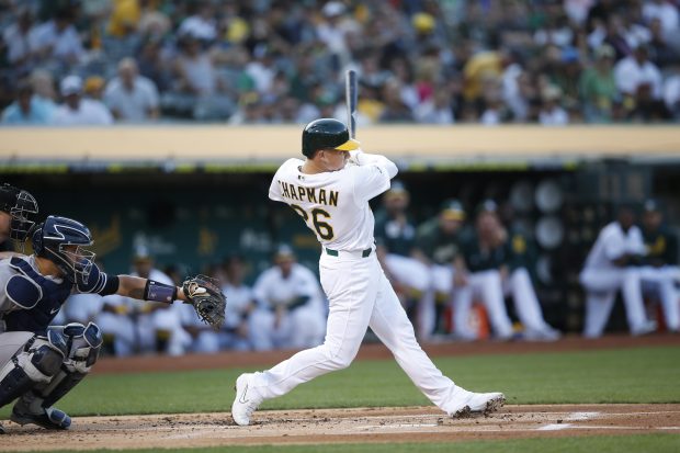 OAKLAND, CA - AUGUST 21: Matt Chapman #26 of the Oakland Athletics bats during the game against the New York Yankees at the Oakland-Alameda County Coliseum on August 21, 2019 in Oakland, California. The Athletics defeated the Yankees 6-4. (Photo by Michael Zagaris/Oakland Athletics/Getty Images)