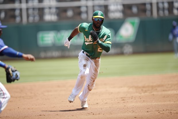OAKLAND, CA - AUGUST 8: Starling Marte #2 of the Oakland Athletics runs the bases during the game against the Texas Rangers at RingCentral Coliseum on August 8, 2021 in Oakland, California. The Athletics defeated the Rangers 6-3. (Photo by Michael Zagaris/Oakland Athletics/Getty Images)