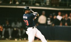 SAN DIEGO, CA - OCTOBER 20: Greg Vaughn of the San Diego Padres during Game Three of the World Series against the New York Yankees on October 20, 1998 at Qualcomm Stadium in San Diego, California. (Photo by Sporting News via Getty Images via Getty Images)