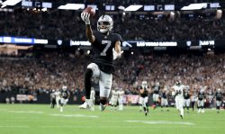 LAS VEGAS, NEVADA - SEPTEMBER 13: Zay Jones #7 of the Las Vegas Raiders celebrates after scoring the game winning touchdown in overtime to defeat the Baltimore Ravens 33-27 at Allegiant Stadium on September 13, 2021 in Las Vegas, Nevada. (Photo by Christian Petersen/Getty Images)