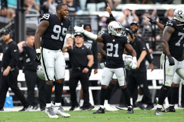 LAS VEGAS, NEVADA - SEPTEMBER 26: Clelin Ferrell #99 of the Las Vegas Raiders reacts after a turn over on downs in the fourth quarter of the game against the Miami Dolphins at Allegiant Stadium on September 26, 2021 in Las Vegas, Nevada. (Photo by Christian Petersen/Getty Images)