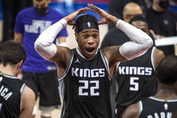 DETROIT, MICHIGAN - FEBRUARY 26: Richaun Holmes #22 of the Sacramento Kings reacts during the fourth quarter against the Detroit Pistons at Little Caesars Arena on February 26, 2021 in Detroit, Michigan. NOTE TO USER: User expressly acknowledges and agrees that, by downloading and or using this photograph, User is consenting to the terms and conditions of the Getty Images License Agreement. (Photo by Nic Antaya/Getty Images)