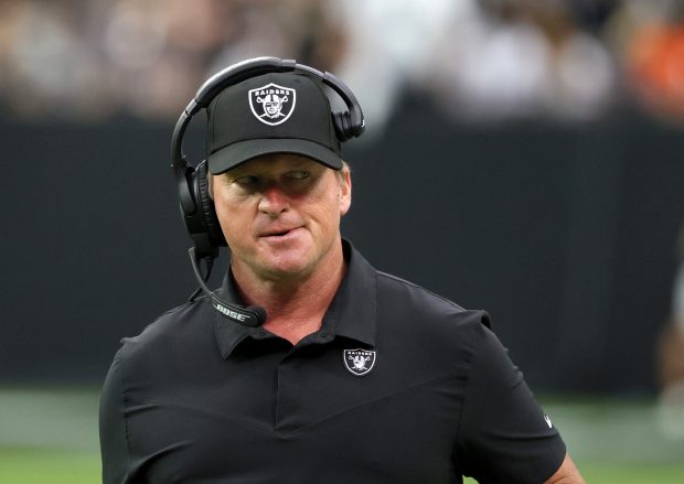 LAS VEGAS, NEVADA - OCTOBER 10: Head coach Jon Gruden of the Las Vegas Raiders reacts during a game against the Chicago Bears at Allegiant Stadium on October 10, 2021 in Las Vegas, Nevada. The Bears defeated the Raiders 20-9. (Photo by Ethan Miller/Getty Images)