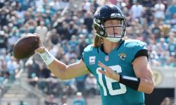 JACKSONVILLE, FLORIDA - OCTOBER 10: Trevor Lawrence #16 of the Jacksonville Jaguars looks to pass during the game against the Tennessee Titans at TIAA Bank Field on October 10, 2021 in Jacksonville, Florida. (Photo by Mark Brown/Getty Images)