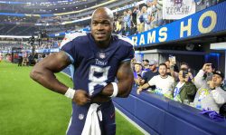 INGLEWOOD, CA - NOVEMBER 7: Tennessee Titans running back Adrian Peterson #8 after the Tennessee Titans game versus the Los Angeles Rams game on November 7, 2021, at Sofi Stadium in Inglewood, CA. (Photo by Jevone Moore/Icon Sportswire via Getty Images)