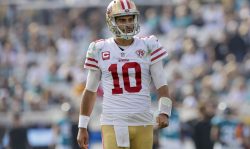 JACKSONVILLE, FL - NOVEMBER 21: San Francisco 49ers quarterback Jimmy Garoppolo (10) during the game between the San Francisco 49ers and the Jacksonville Jaguars on November 21, 2021 at TIAA Bank Field in Jacksonville, Fl. (Photo by David Rosenblum/Icon Sportswire via Getty Images)