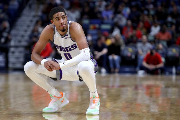 NEW ORLEANS, LOUISIANA - OCTOBER 29: Tyrese Haliburton #0 of the Sacramento Kings stands on the court during the second quarter of a NBA game against the New Orleans Pelicans at Smoothie King Center on October 29, 2021 in New Orleans, Louisiana. NOTE TO USER: User expressly acknowledges and agrees that, by downloading and or using this photograph, User is consenting to the terms and conditions of the Getty Images License Agreement. (Photo by Sean Gardner/Getty Images)