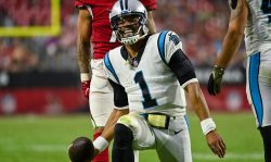 GLENDALE, ARIZONA - NOVEMBER 14: Cam Newton #1 of the Carolina Panthers reacts after running with the ball against the Arizona Cardinals in the fourth quarter at State Farm Stadium on November 14, 2021 in Glendale, Arizona. The Panthers defeated the Cardinals 34-10. (Photo by Kelsey Grant/Getty Images)