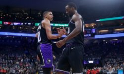 SACRAMENTO, CALIFORNIA - NOVEMBER 19: Harrison Barnes #40 of the Sacramento Kings celebrates with Tyrese Haliburton #0 after a basket in the first half against the Toronto Raptors at Golden 1 Center on November 19, 2021 in Sacramento, California. NOTE TO USER: User expressly acknowledges and agrees that, by downloading and/or using this photograph, User is consenting to the terms and conditions of the Getty Images License Agreement. (Photo by Lachlan Cunningham/Getty Images)