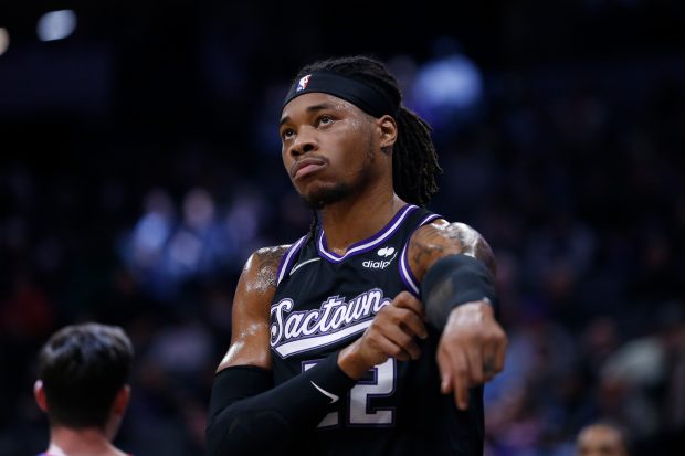 SACRAMENTO, CALIFORNIA - DECEMBER 08: Richaun Holmes #22 of the Sacramento Kings looks on in the first quarter against the Orlando Magic at Golden 1 Center on December 08, 2021 in Sacramento, California. NOTE TO USER: User expressly acknowledges and agrees that, by downloading and/or using this photograph, User is consenting to the terms and conditions of the Getty Images License Agreement. (Photo by Lachlan Cunningham/Getty Images)