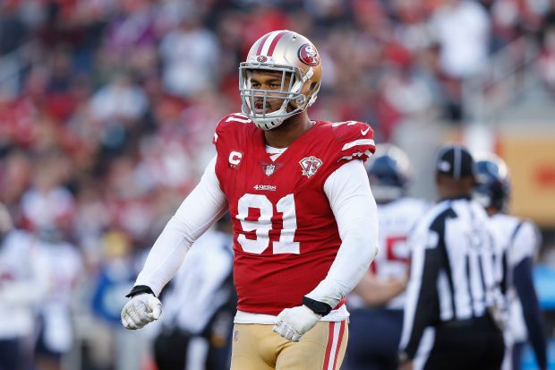 SANTA CLARA, CALIFORNIA - JANUARY 02: Arik Armstead #91 of the San Francisco 49ers reacts after a defensive play in the fourth quarter against the Houston Texans at Levi's Stadium on January 02, 2022 in Santa Clara, California. (Photo by Lachlan Cunningham/Getty Images)