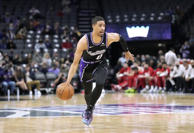 SACRAMENTO, CALIFORNIA - JANUARY 14: Tyrese Haliburton #0 of the Sacramento Kings dribbling the ball up court against the Houston Rockets during the first quarter at Golden 1 Center on January 14, 2022 in Sacramento, California. NOTE TO USER: User expressly acknowledges and agrees that, by downloading and/or using this photograph, User is consenting to the terms and conditions of the Getty Images License Agreement. (Photo by Thearon W. Henderson/Getty Images)