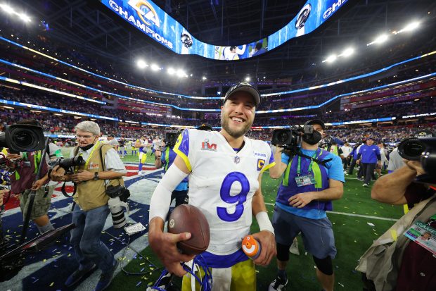 INGLEWOOD, CALIFORNIA - FEBRUARY 13: Matthew Stafford #9 of the Los Angeles Rams celebrates after Super Bowl LVI at SoFi Stadium on February 13, 2022 in Inglewood, California. The Los Angeles Rams defeated the Cincinnati Bengals 23-20. (Photo by Kevin C. Cox/Getty Images)