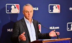ORLANDO, FLORIDA - FEBRUARY 10: Major League Baseball Commissioner Rob Manfred answers questions during an MLB owner's meeting at the Waldorf Astoria on February 10, 2022 in Orlando, Florida. Manfred addressed the ongoing lockout of players, which owners put in place after the league's collective bargaining agreement ended on December 1, 2021. (Photo by Julio Aguilar/Getty Images)