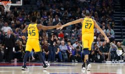 SACRAMENTO, CA - NOVEMBER 01: Donovan Mitchell #45 and Rudy Gobert #27 of the Utah Jazz react after a play against the Sacramento Kings at Golden 1 Center on November 01, 2019 in Sacramento, California. NOTE TO USER: User expressly acknowledges and agrees that, by downloading and/or using this photograph, user is consenting to the terms and conditions of the Getty Images License Agreement. (Photo by Lachlan Cunningham/Getty Images)