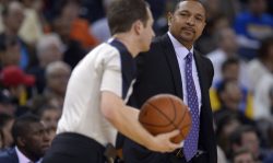 Golden State Warriors head coach Mark Jackson glances at an official while playing against the Sacramento Kings in the first quarter of their game at Oracle Arena in Oakland, Calif. on Saturday, Nov. 2, 2013. (Jose Carlos Fajardo/Bay Area News Group) (Photo by JOSE CARLOS FAJARDO/MediaNews Group/Bay Area News via Getty Images)