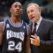 Sacramento Kings' head coach Rick Adelman (R) tells the Kings' Bobby Jackson (L) what to do as the Kings lose their lead to the Lakers during the fourth quarter in Los Angeles, 18 November 2001. The Lakers won 93-85. AFP PHOTO/Lucy NICHOLSON (Photo by LUCY NICHOLSON / AFP) (Photo by LUCY NICHOLSON/AFP via Getty Images)