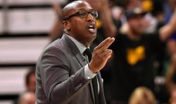 SALT LAKE CITY, UT - MAY 6: Acting head coach Mike Brown of the Golden State Warriors gestures during the first half against the Utah Jazz in Game Three of the Western Conference Semifinals during the 2017 NBA Playoffs at Vivint Smart Home Arena on May 6, 2017 in Salt Lake City, Utah. NOTE TO USER: User expressly acknowledges and agrees that, by downloading and or using this photograph, User is consenting to the terms and conditions of the Getty Images License Agreement. (Photo by Gene Sweeney Jr/Getty Images)